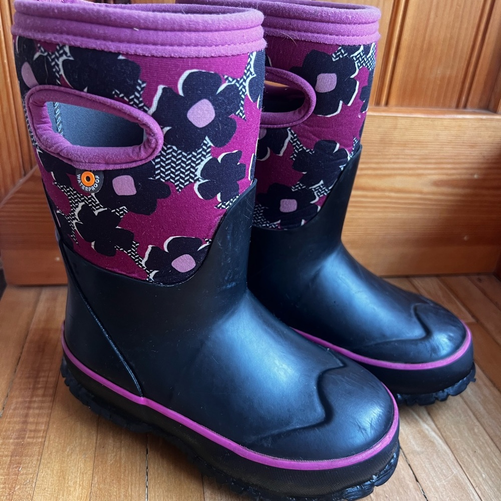 Kids Waterproof Bog Boots- Black & Purple Floral Rain Boots